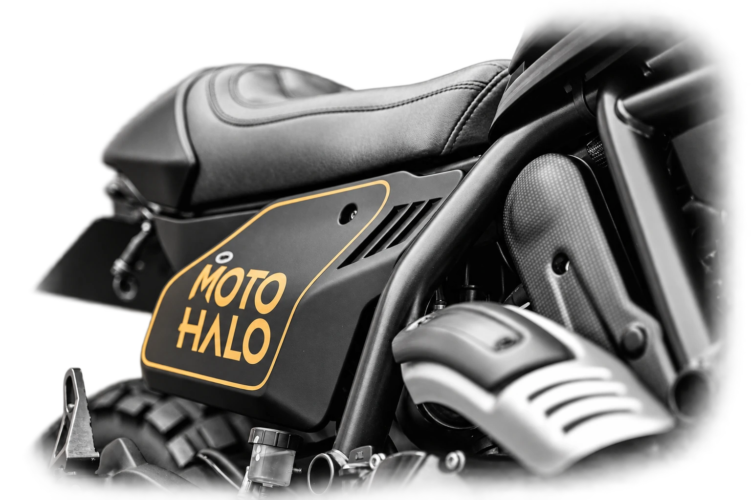Black and white Moto Halo motorcycle detail with gold branding