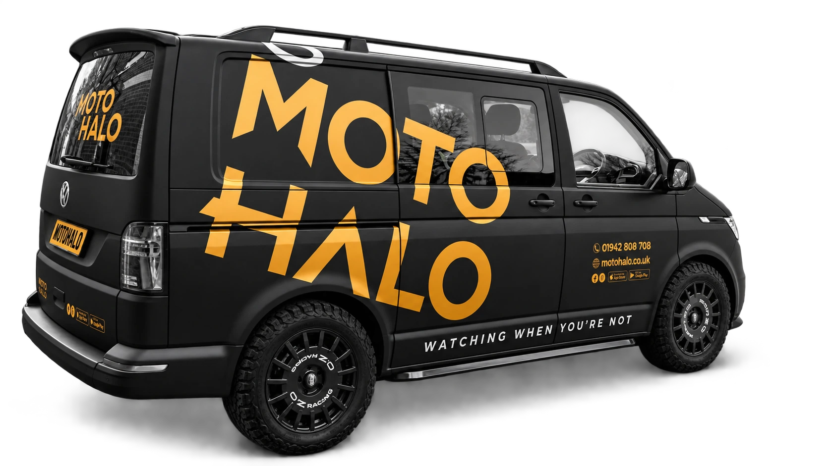 Black and white Moto Halo van with gold branding